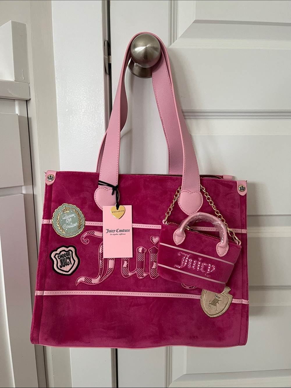 Juicy Couture Hot Pink Suede Tote with Mini Bag & Plush Charm